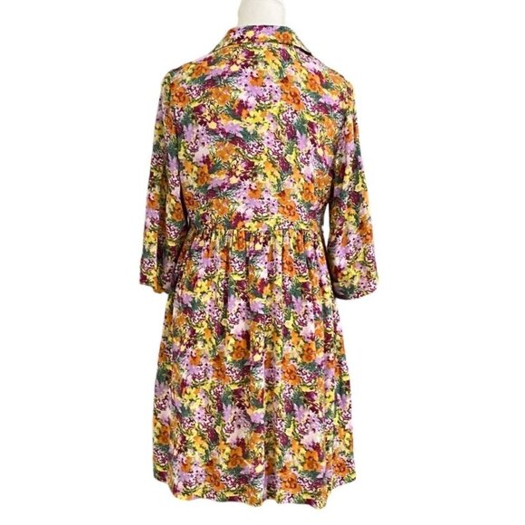 FRANK AND OAK THE BABYDOLL COLORFUL FLORAL HALF SLEEVE DRESS IN MULBERRY - XS - Picture 4 of 11